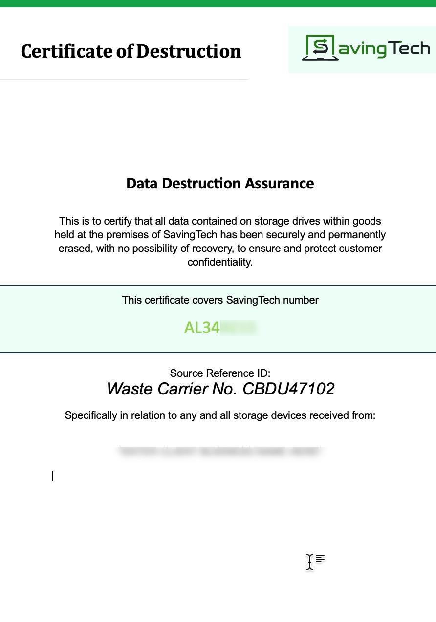 Standard Data Destruction Certificate